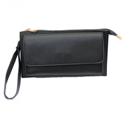 10016- BLACK PU LEATHER TRI POCKET CLUTCH / CROSS BODY BAG